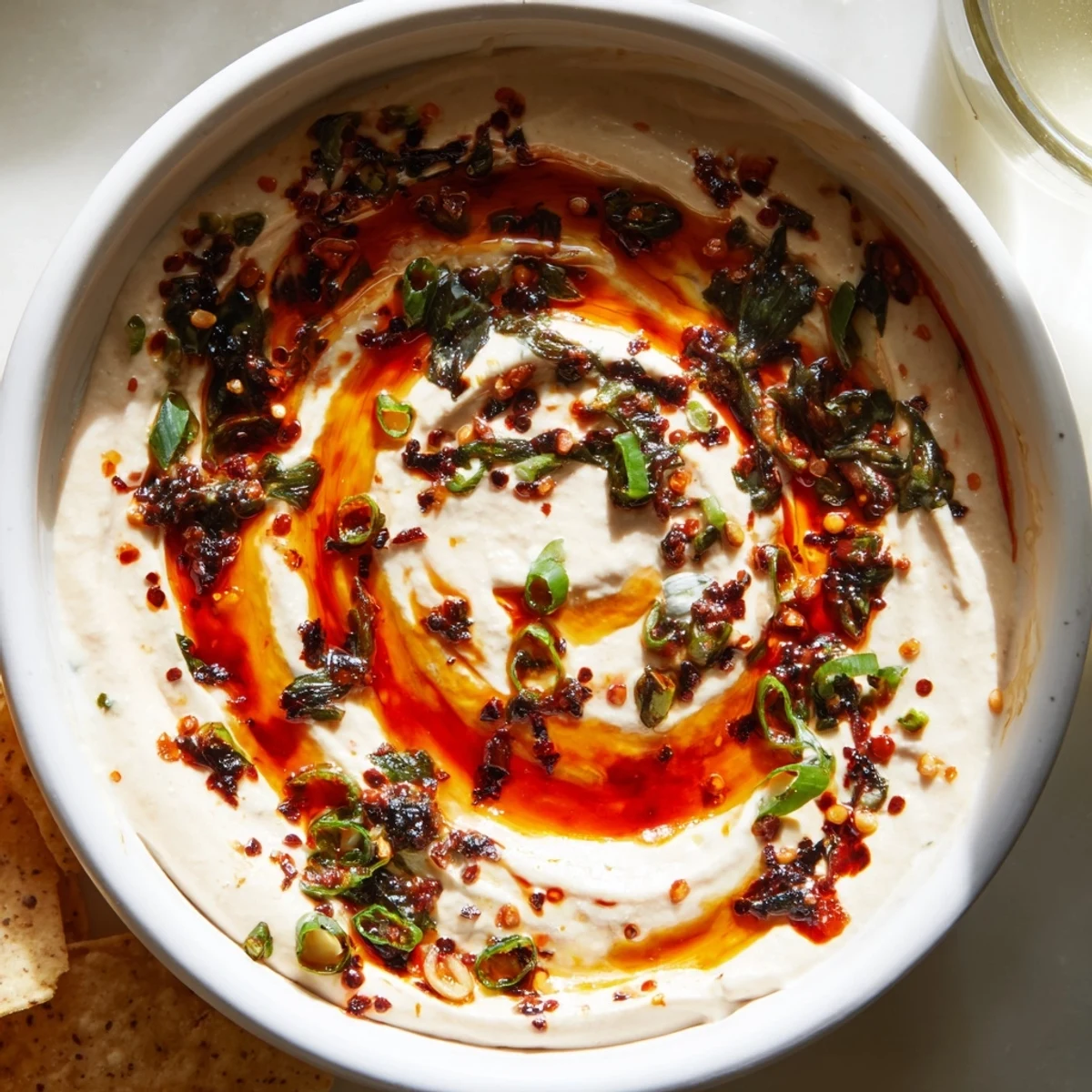 Creamy charred scallion and chili crisp dip swirled with spicy oil in a rustic bowl