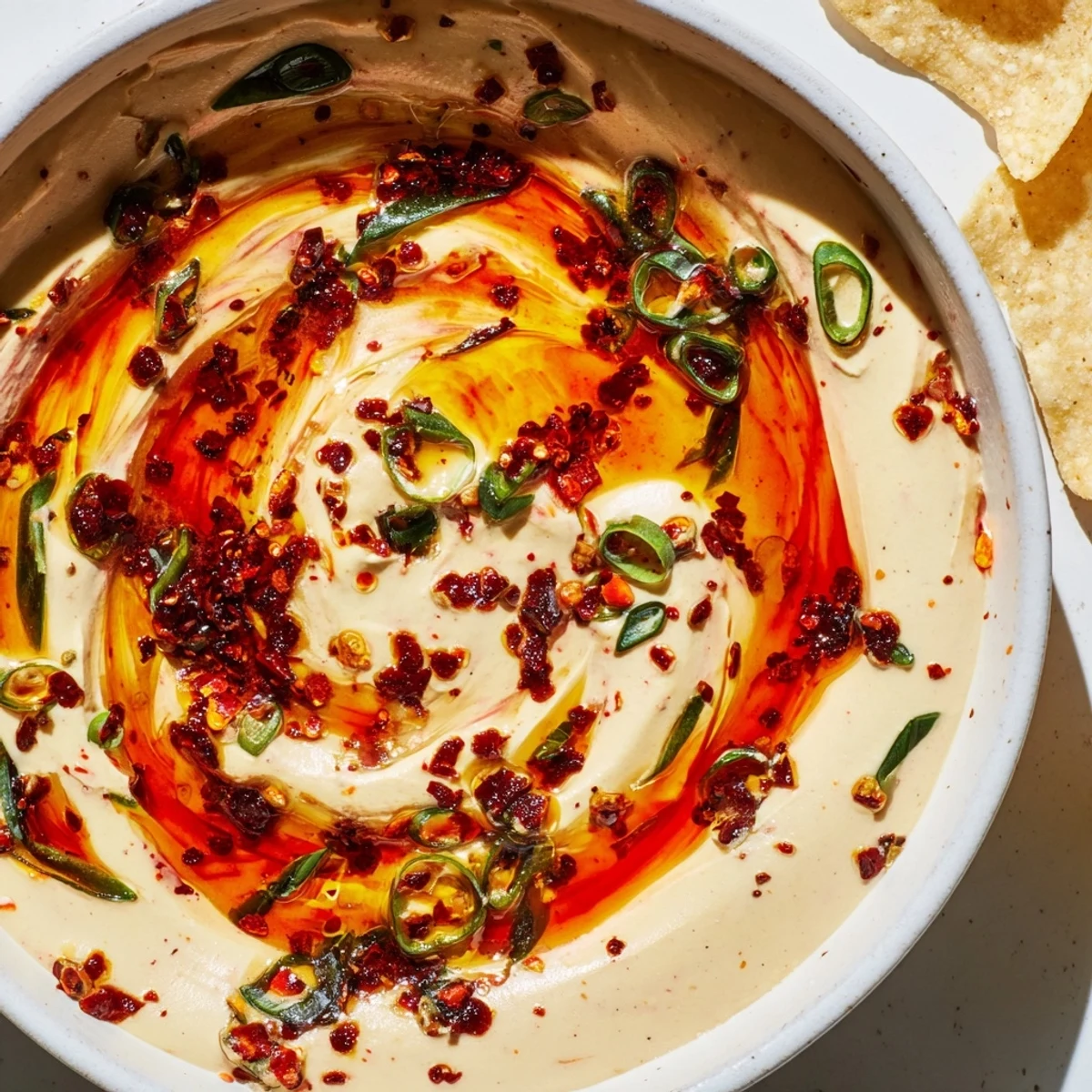 Smoky charred scallion and chili crisp dip served alongside crispy tortilla chips and fresh veggies