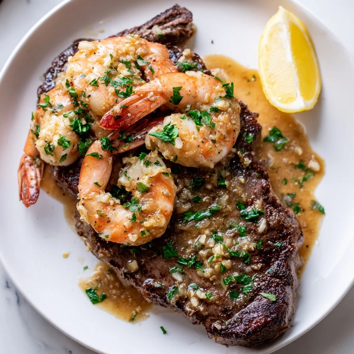 Juicy seared steak topped with garlic butter shrimp glistening in a rich pan sauce