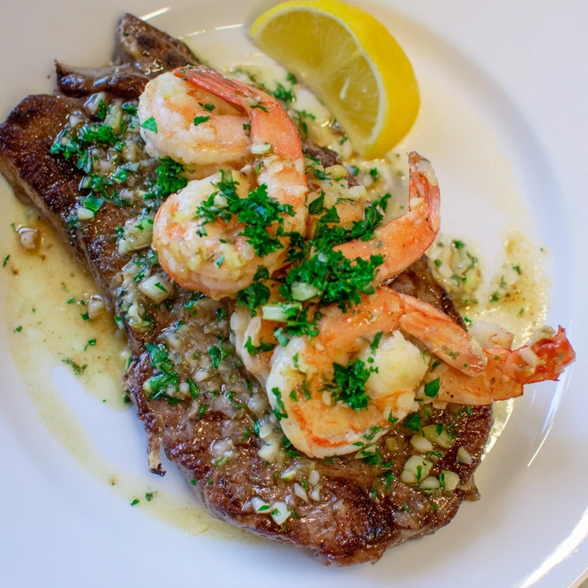 Perfectly cooked ribeye steak and garlic butter shrimp plated with fresh lemon wedges and parsley