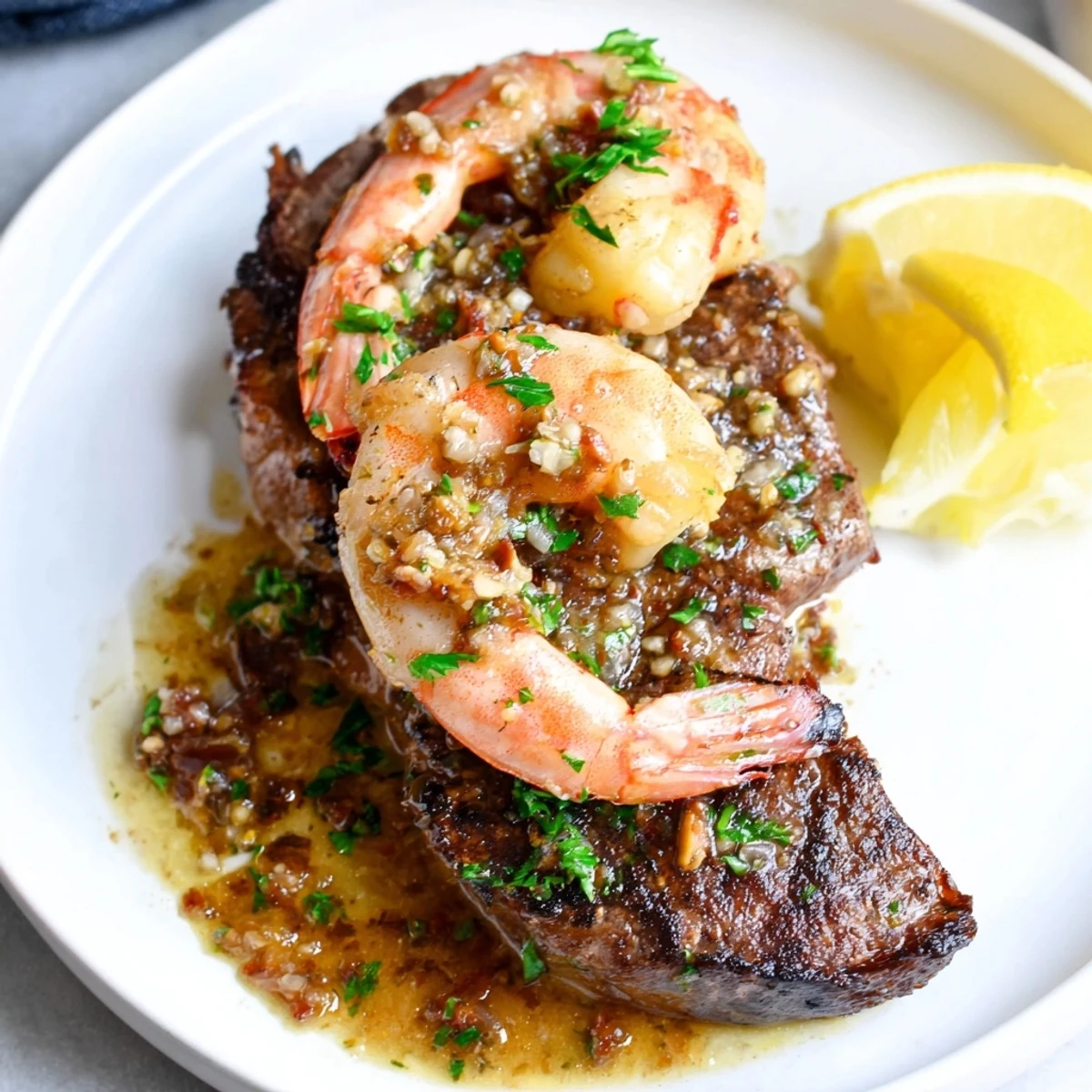 Decadent steak and garlic butter shrimp sizzling in cast iron with golden herb sauce