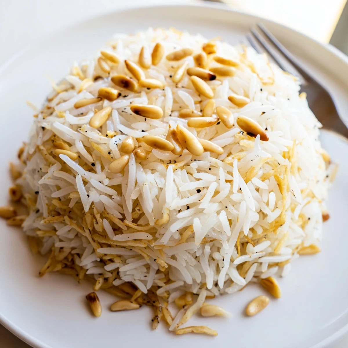 Perfectly cooked Lebanese Rice studded with browned vermicelli noodles served alongside grilled vegetables