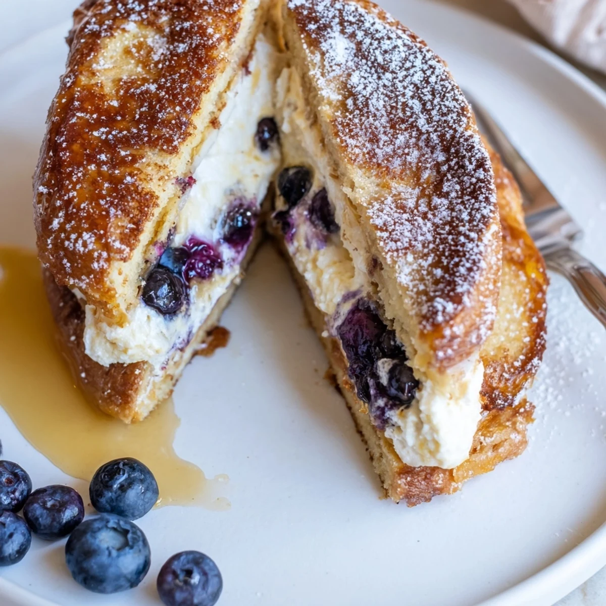 Golden blueberry cheesecake stuffed French toast plated with fresh berries and maple syrup
