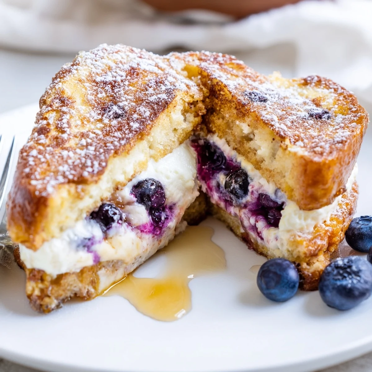 Thick brioche slices oozing creamy cheesecake filling topped with warm juicy blueberries