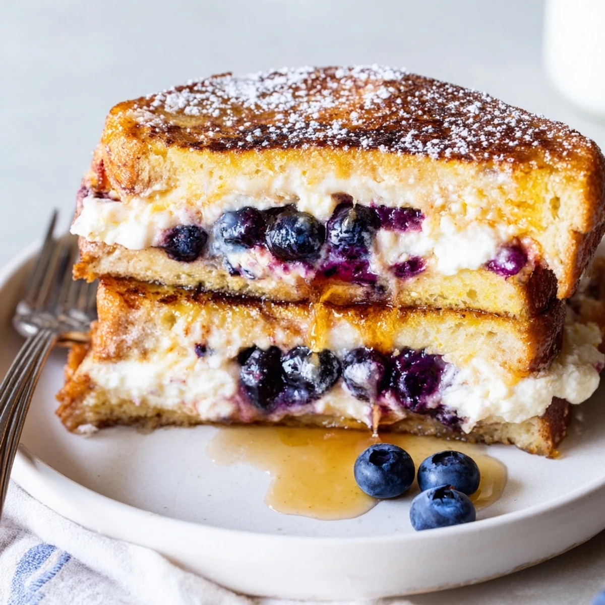 Crispy powdered sugar dusted blueberry cheesecake stuffed French toast served on a white plate