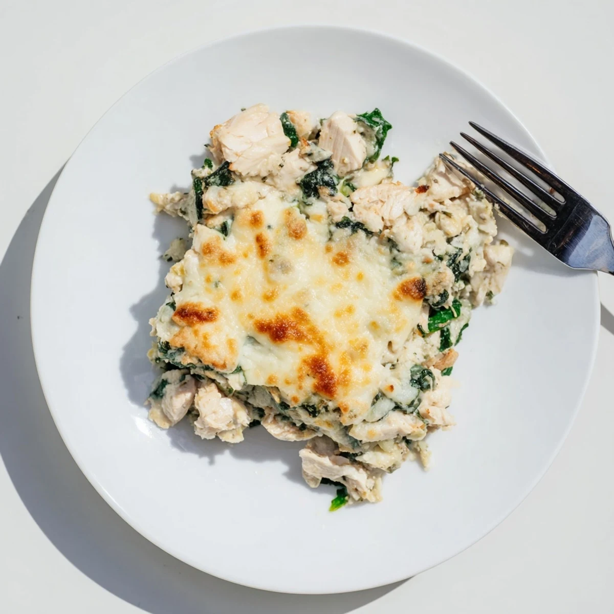 Golden bubbling Creamy Chicken Spinach Casserole fresh from the oven with melted cheese topping