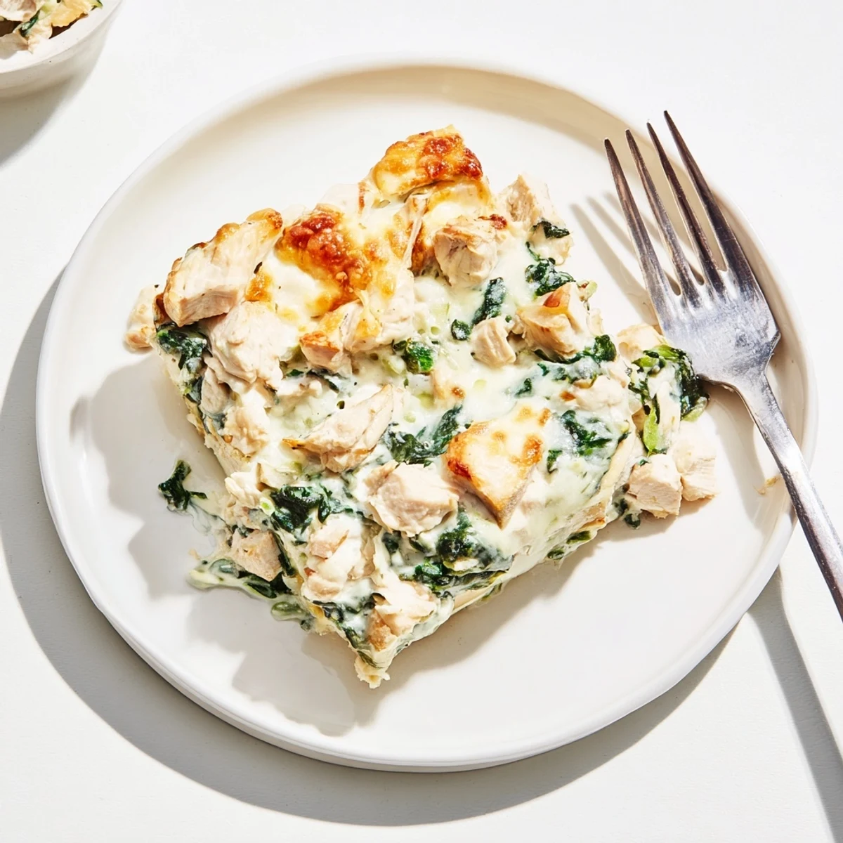 Creamy Chicken Spinach Casserole scooped onto a plate revealing tender chicken and wilted spinach