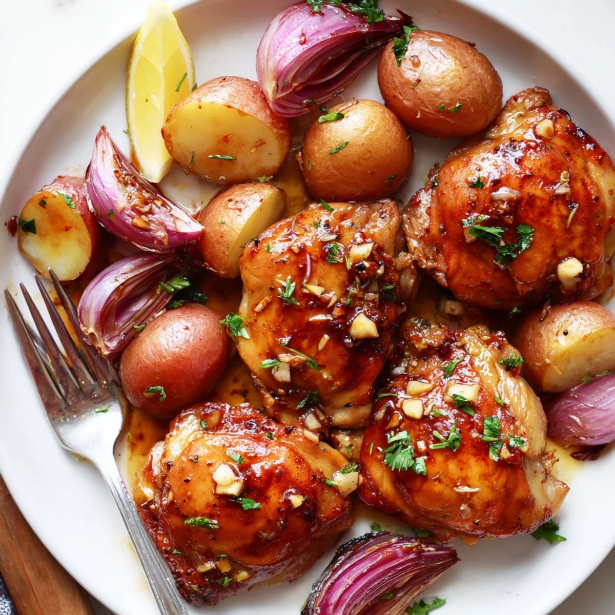 Juicy glazed chicken thighs nestled among caramelized baby potatoes on a rustic sheet pan