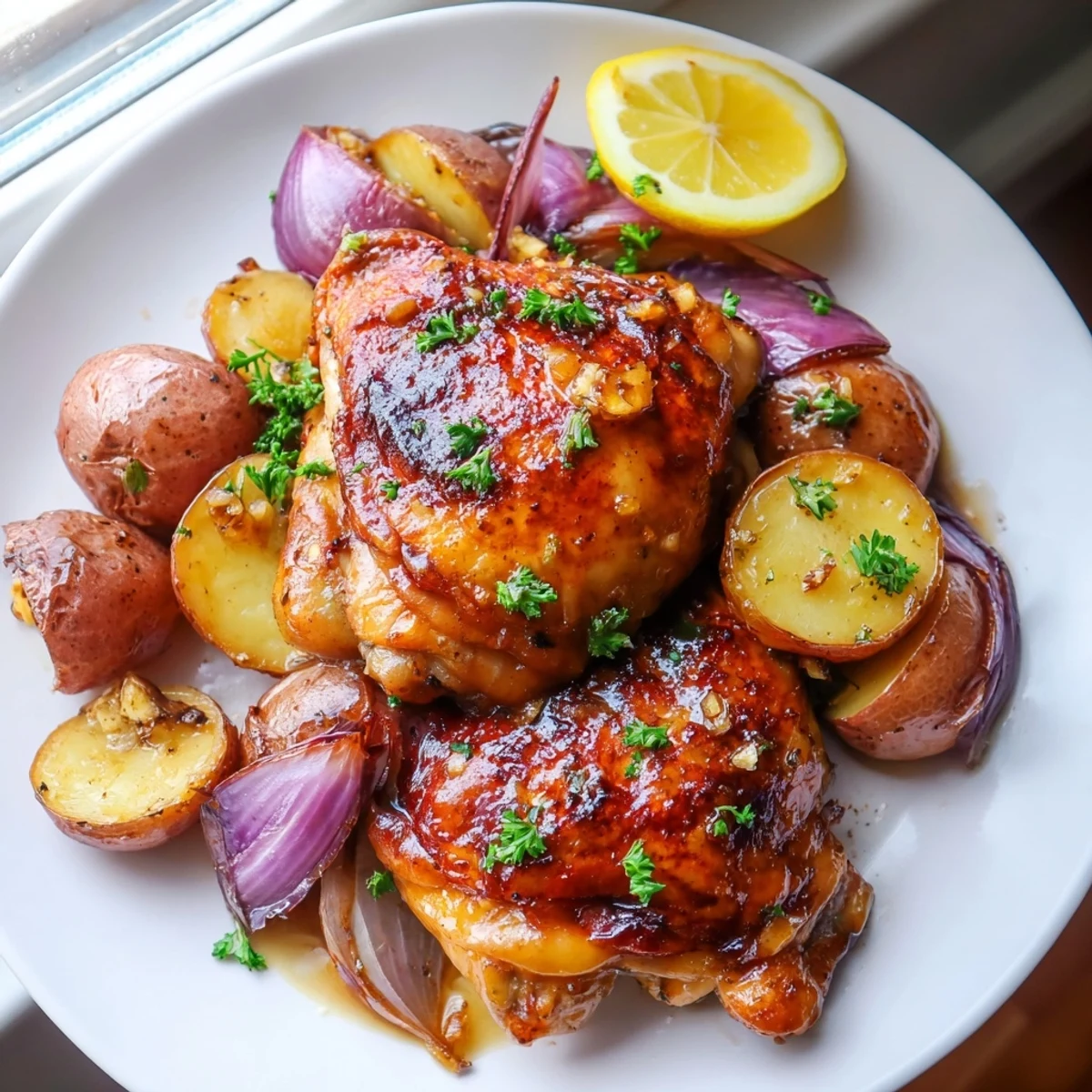 Golden crispy baked honey lemon chicken and potatoes glistening with a sweet tangy glaze
