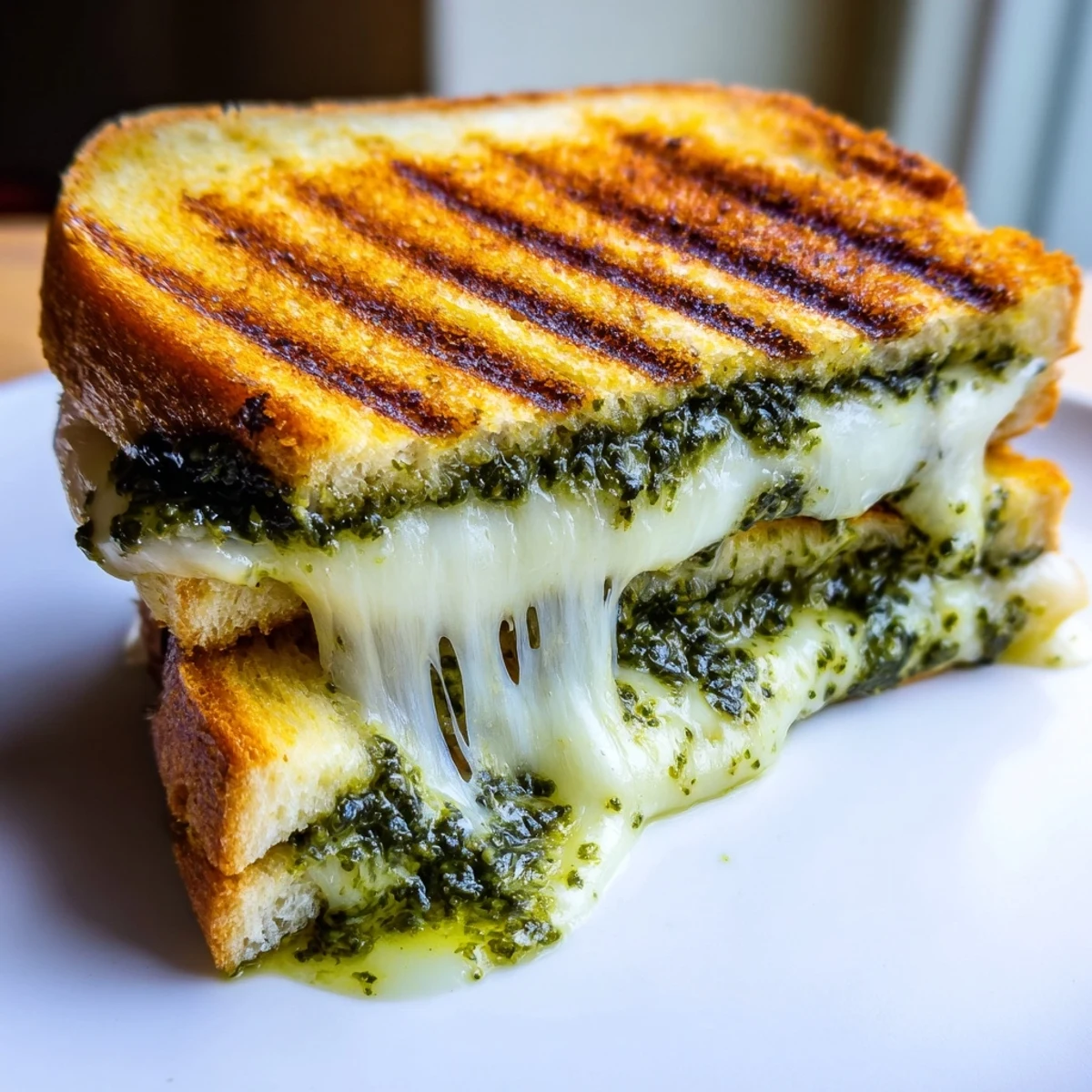 Sliced gourmet pesto grilled cheese on sourdough bread displaying golden brown crust and melty interior
