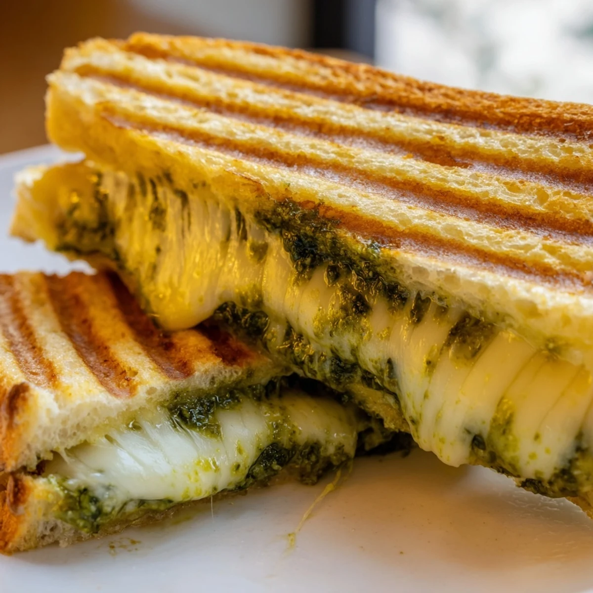 Golden sourdough pesto grilled cheese sandwich with melted cheese oozing from crispy buttered edges