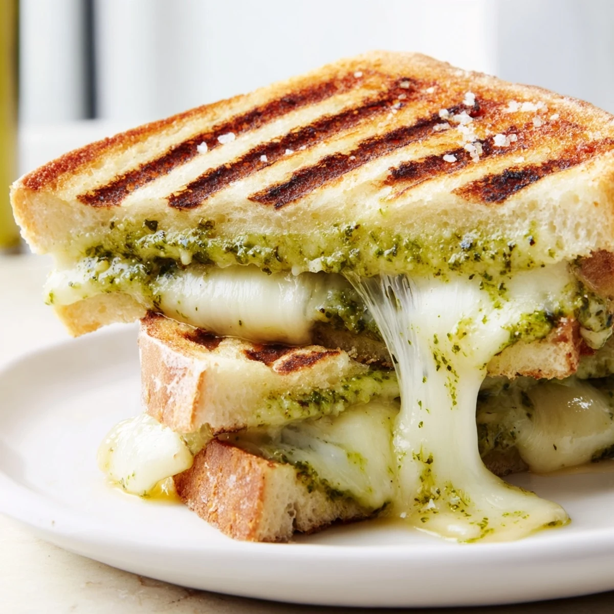 Sourdough pesto grilled cheese sandwich cut diagonally revealing layers of melted mozzarella and green basil sauce