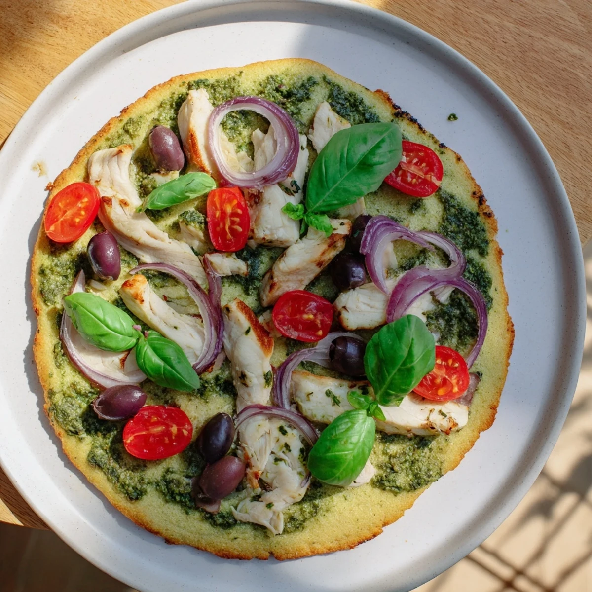 Golden chicken pesto paleo pizza with red onions, tomatoes, and fresh basil garnish