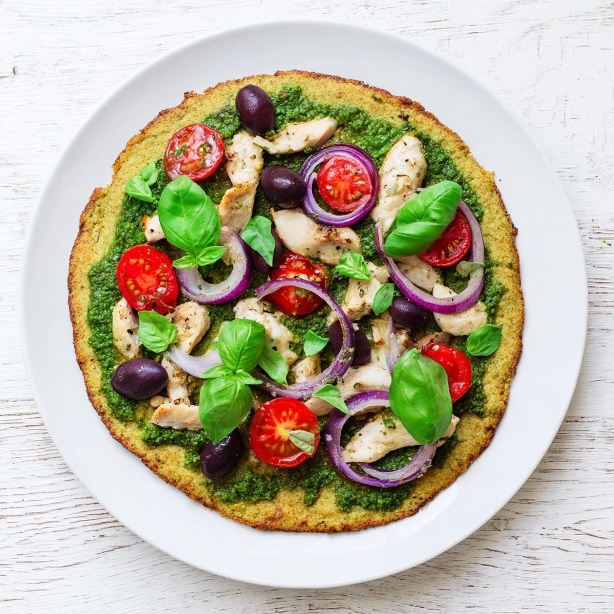 Gluten-free pizza crust topped with juicy sliced chicken and vibrant green pesto sauce