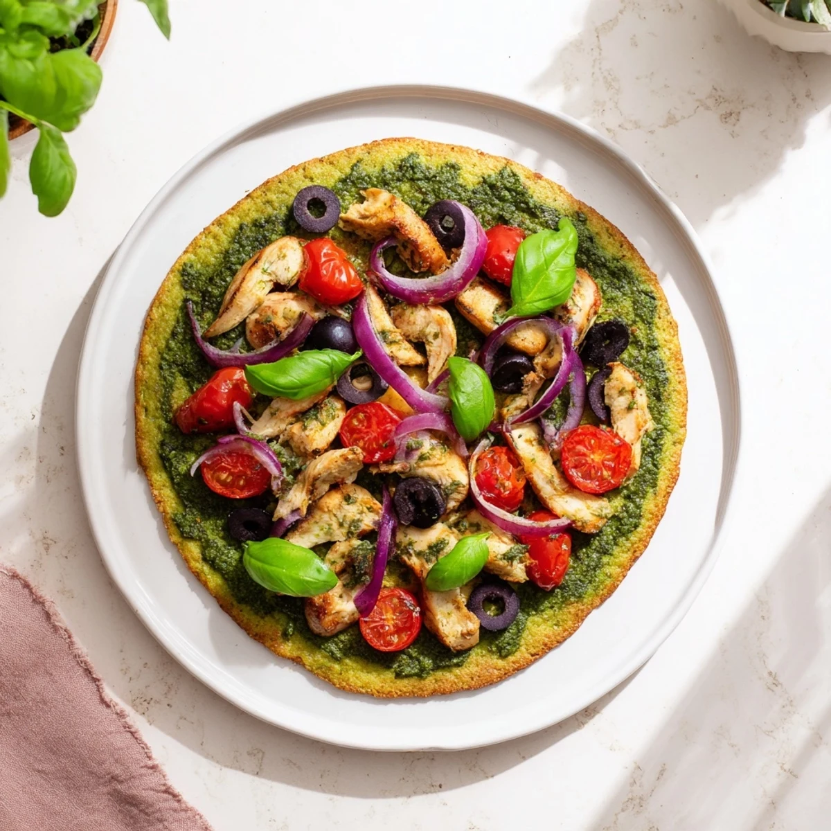 Sliced chicken breast atop crispy grain-free pizza with colorful cherry tomatoes and olives