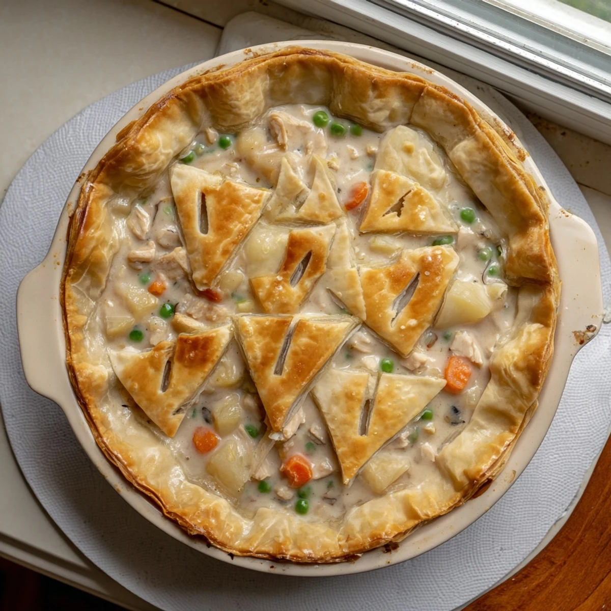 Freshly baked chicken pot pie with steam rising through browned pastry crust on rustic wooden table