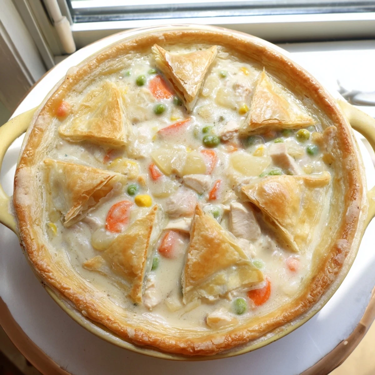 Comforting chicken pot pie featuring tender chunks of chicken and vegetables in creamy sauce under golden crust