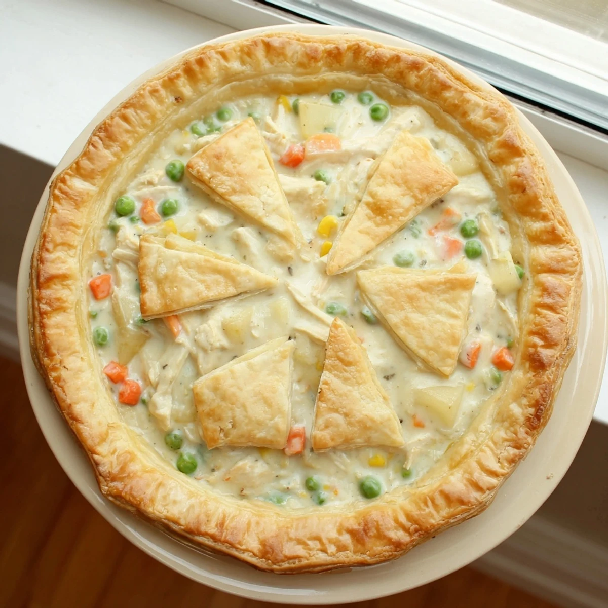 Golden chicken pot pie with flaky puff pastry crust bubbling on a white ceramic baking dish