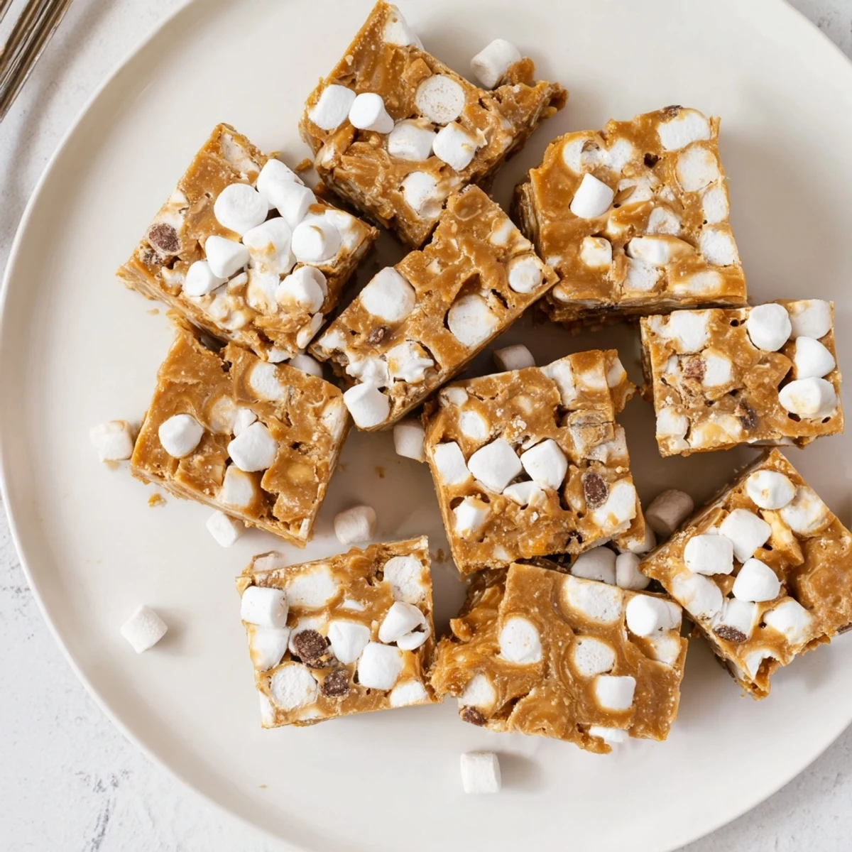Golden squares of gluten free peanut butter marshmallow treats topped with melted chocolate chips on a white plate