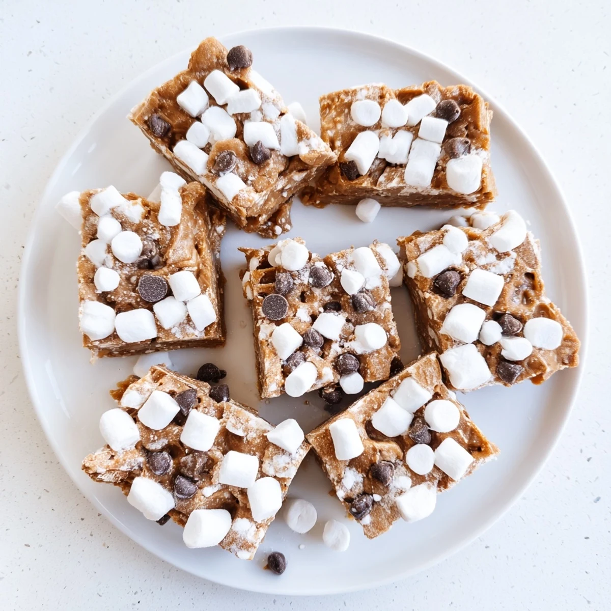 Chewy gluten free peanut butter marshmallow bars showing fluffy white marshmallows suspended in rich peanut butter mixture