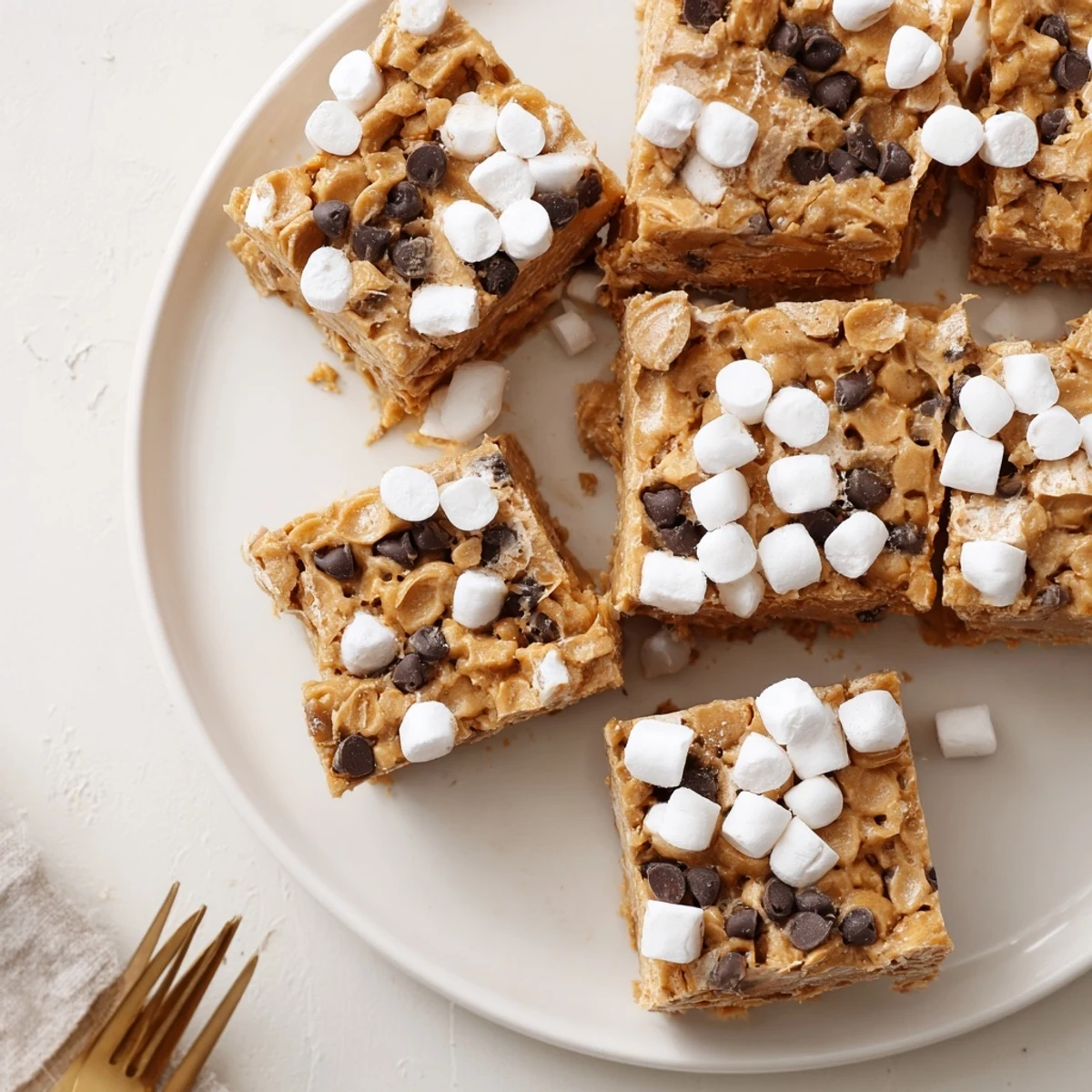 Individually cut gluten free peanut butter marshmallow squares arranged on a serving platter with gooey texture visible
