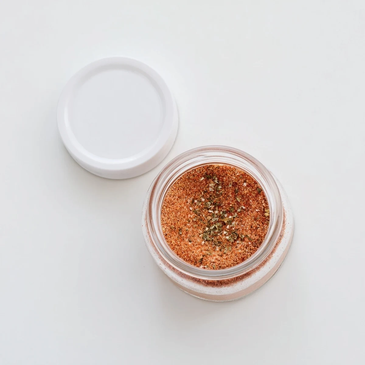 Glass spice jar showcasing French fry seasoning blend with a spoonful of the golden-orange mixture ready for sprinkling