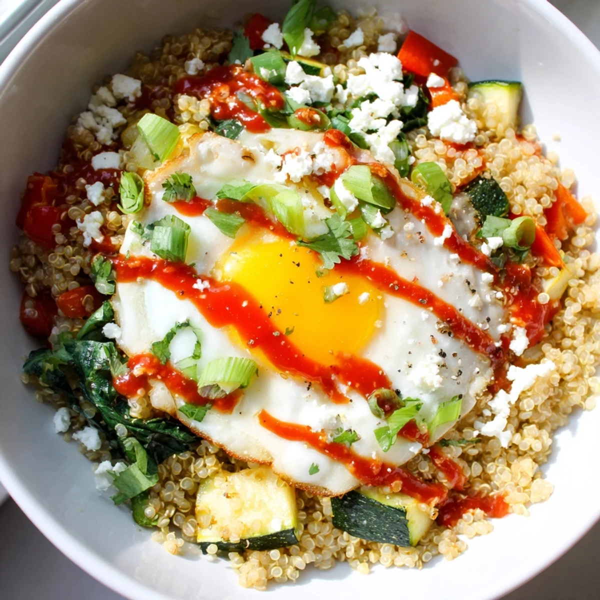 Savory Quinoa Breakfast Bowl topped with a runny egg and sautéed vegetables
