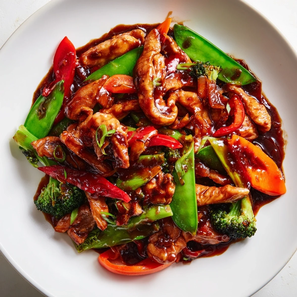Sizzling Hunan Chicken with colorful bell peppers and broccoli in a spicy garlic chili sauce