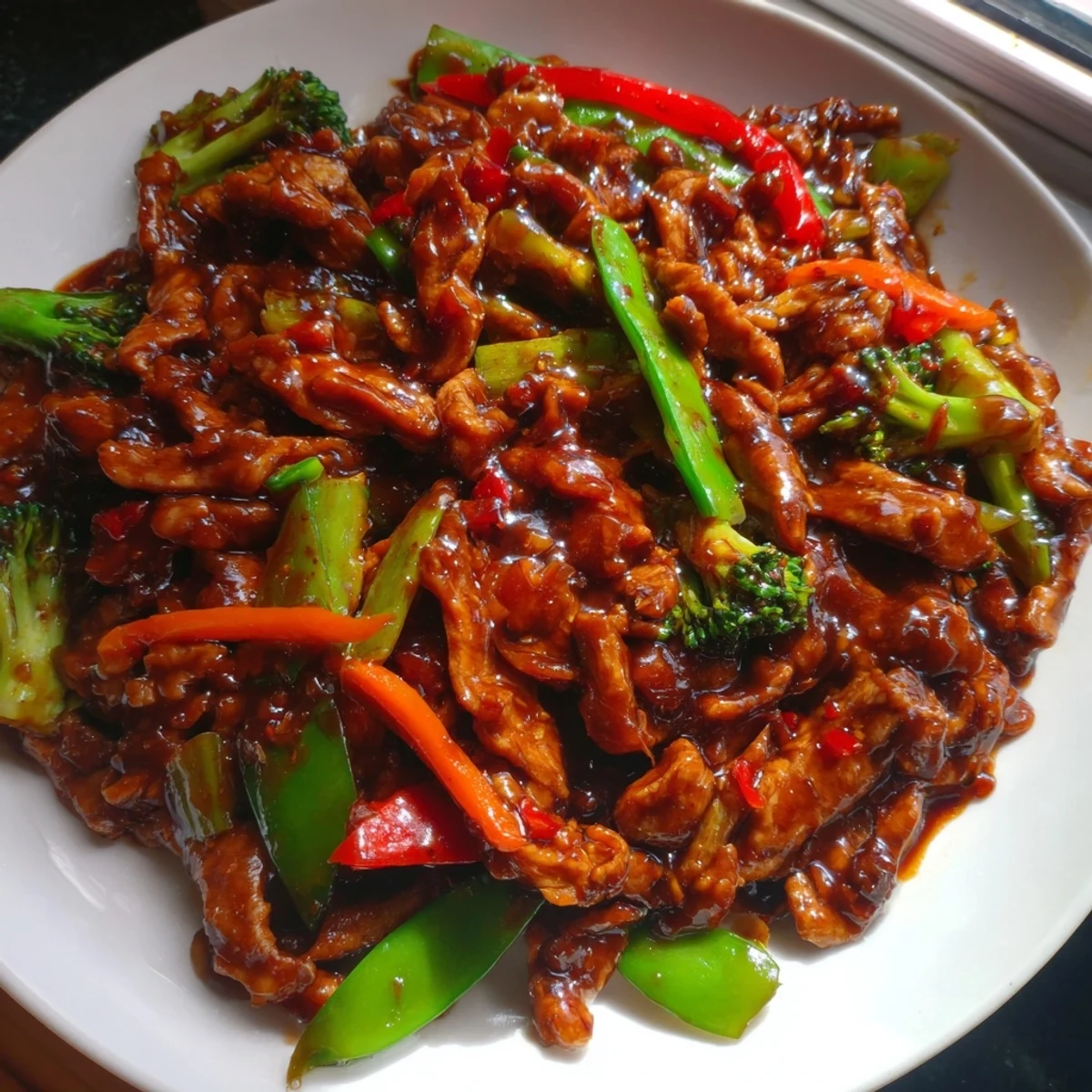Tender sliced Hunan Chicken tossed with crisp snow peas and carrots coated in bold sauce
