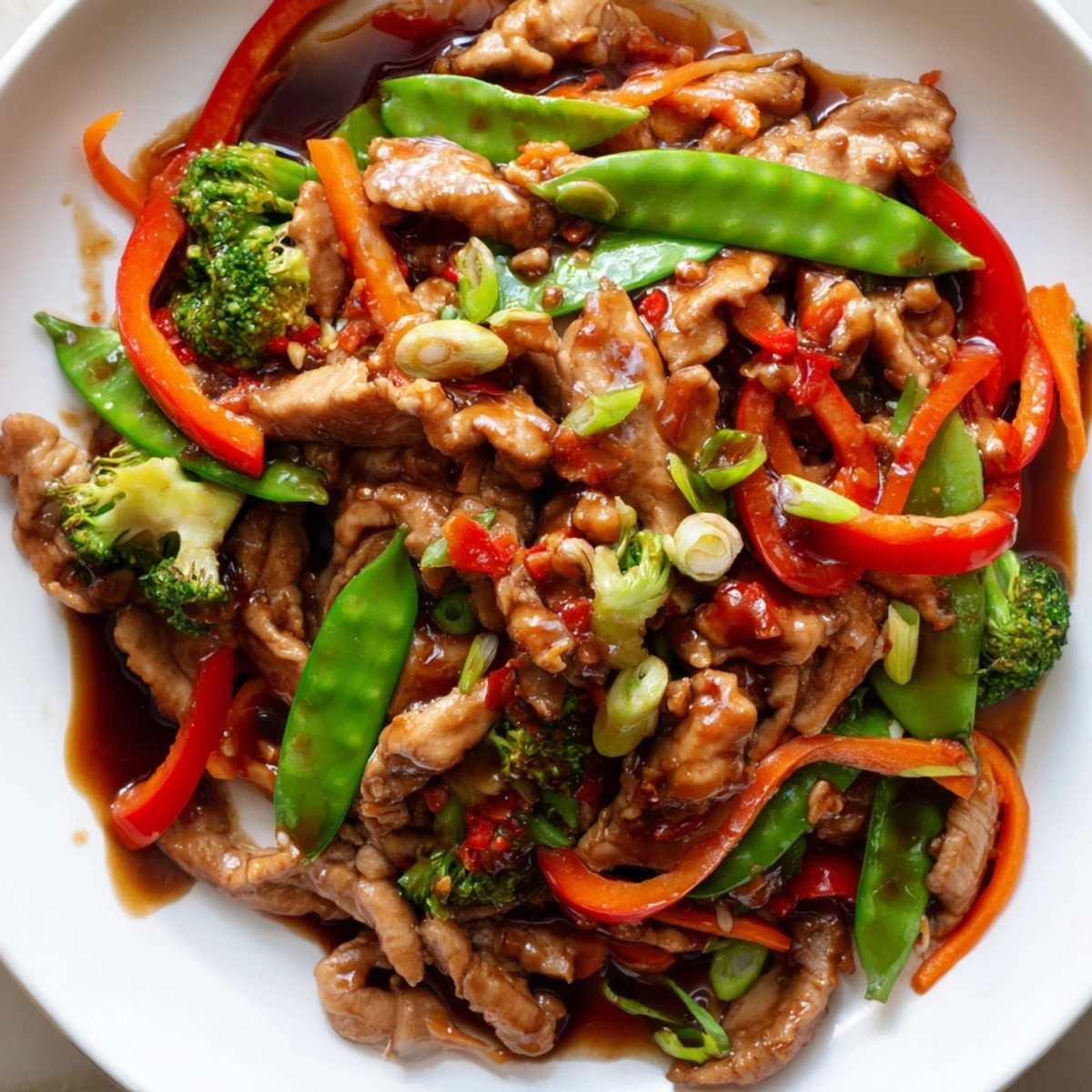 Hunan Chicken stir-fry served over steamed white rice with vibrant vegetables and glossy chili glaze