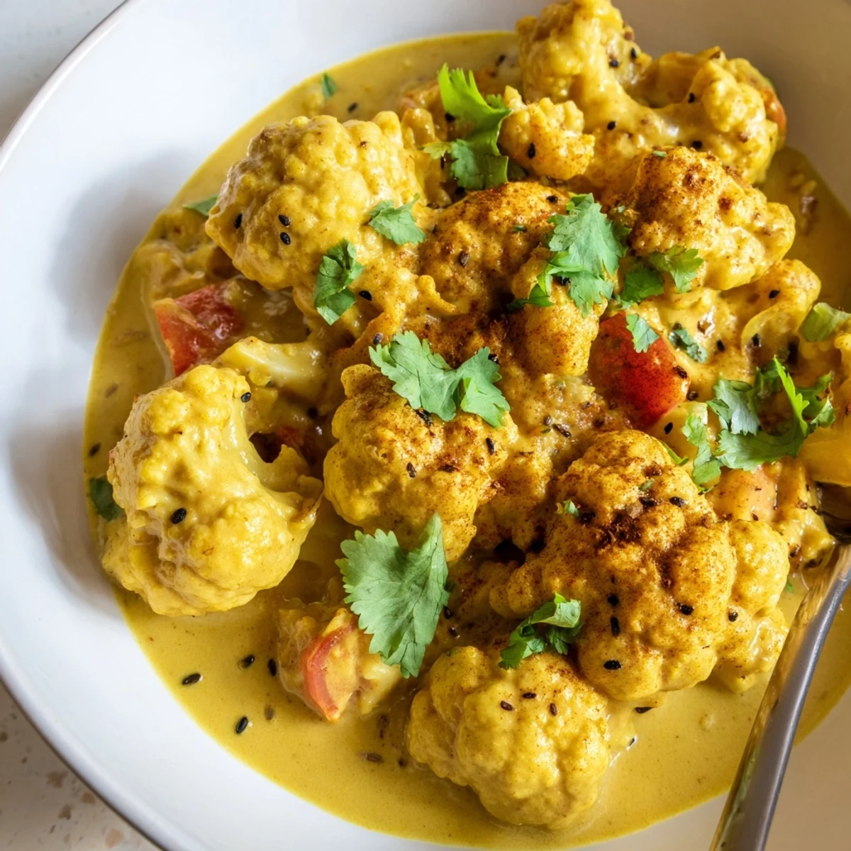 Creamy Greek yogurt cauliflower curry in a golden turmeric spiced sauce with fresh cilantro