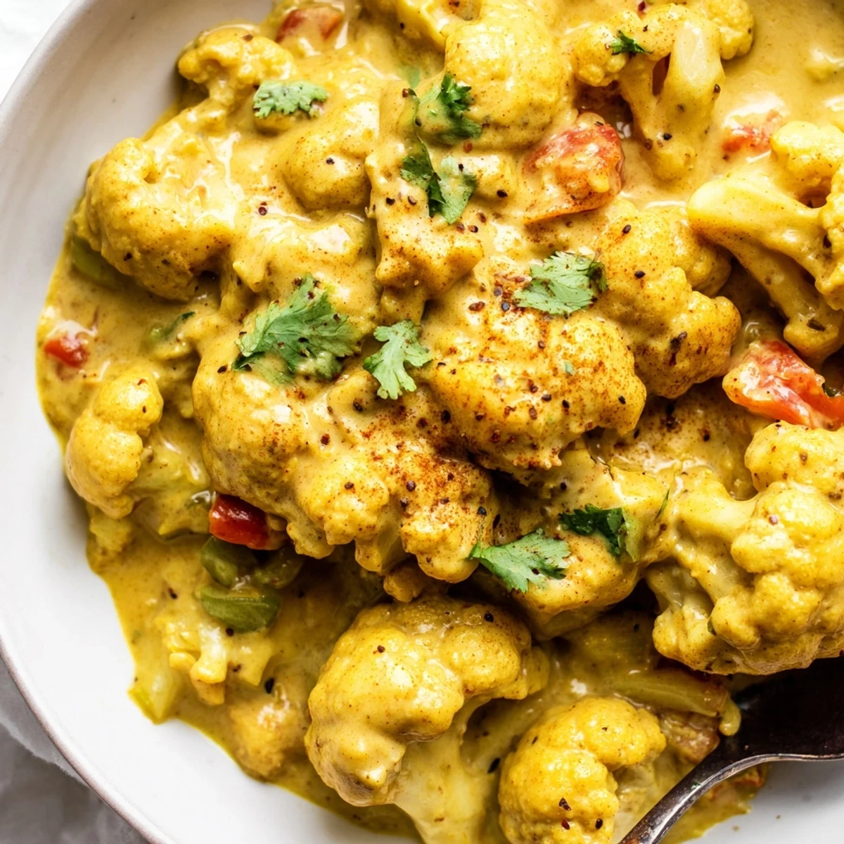 Tender cauliflower florets coated in rich Greek yogurt curry served in a rustic bowl