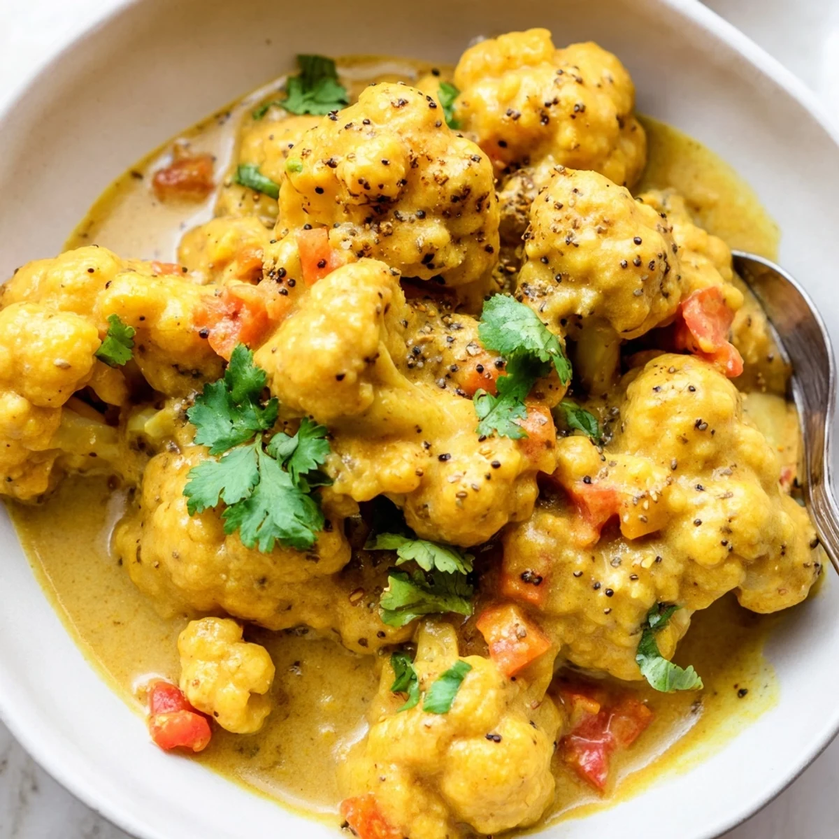 Steaming bowl of Greek yogurt cauliflower curry garnished with cilantro alongside fluffy basmati rice