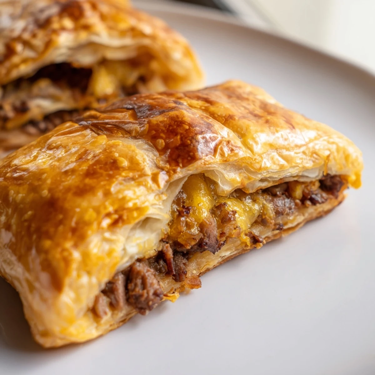Golden Greggs inspired steak and cheese roll with melted cheddar oozing from flaky puff pastry