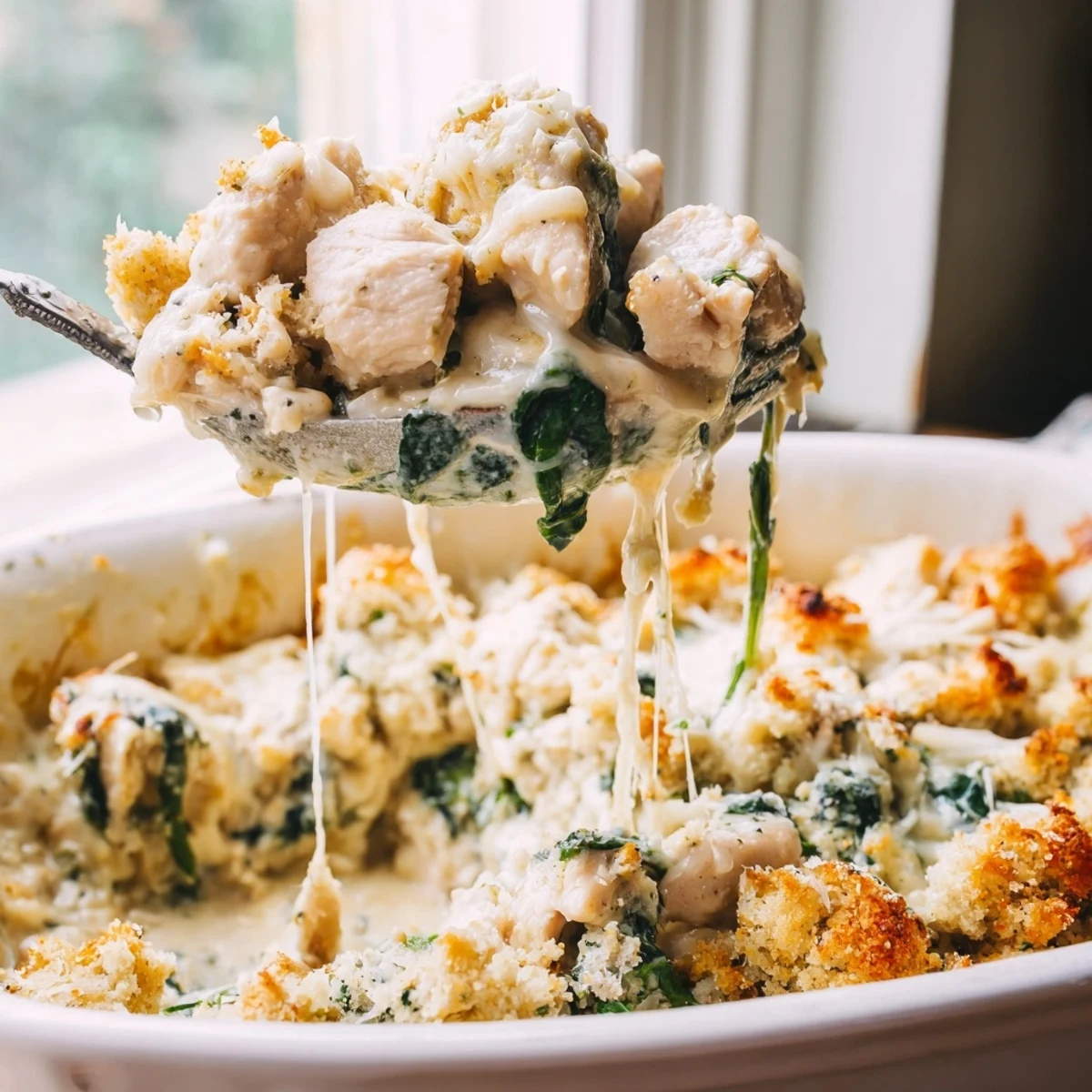 Creamy Chicken Spinach Casserole with golden breadcrumb topping served in a baking dish