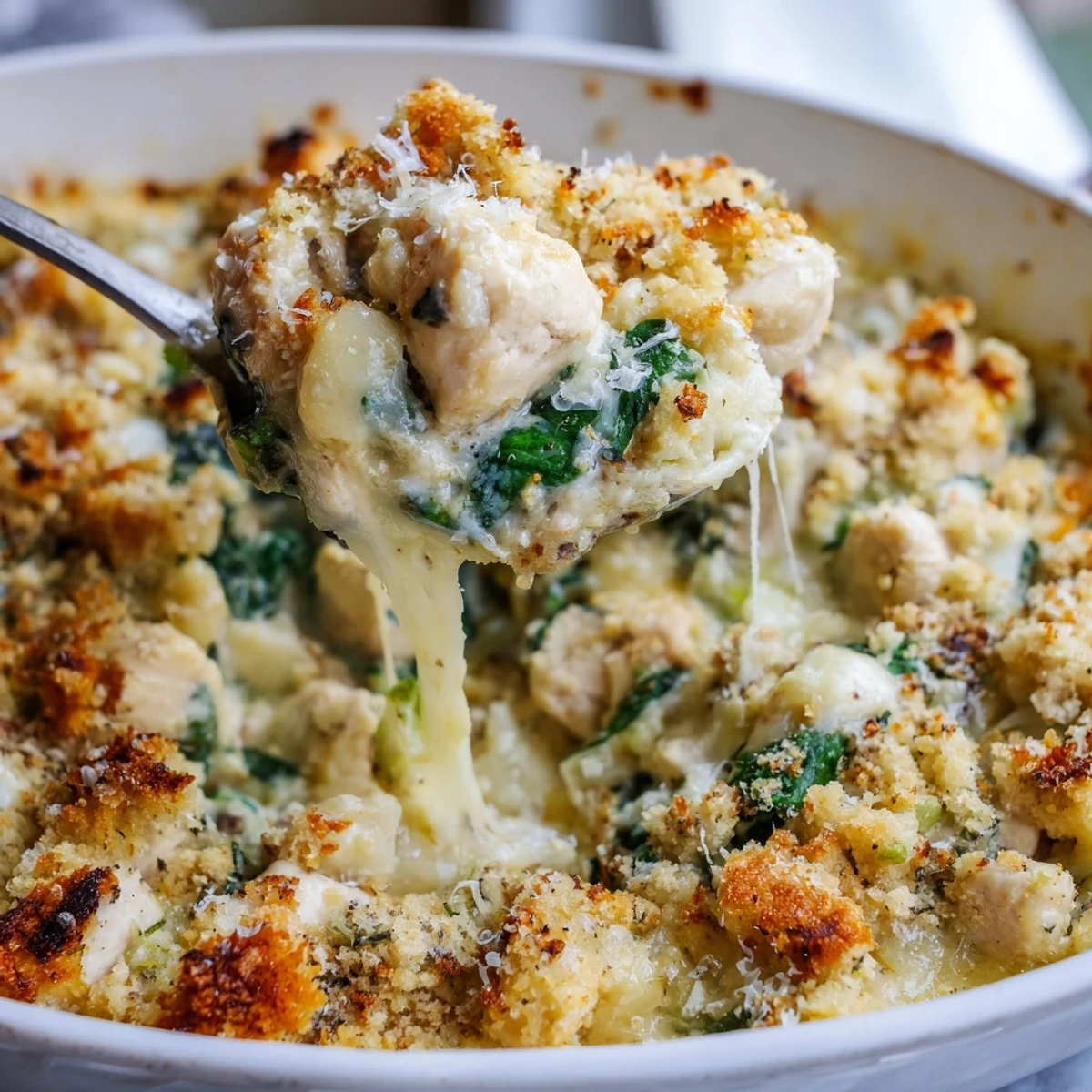 Steaming scoop of Creamy Chicken Spinach Casserole on a plate with melted cheese