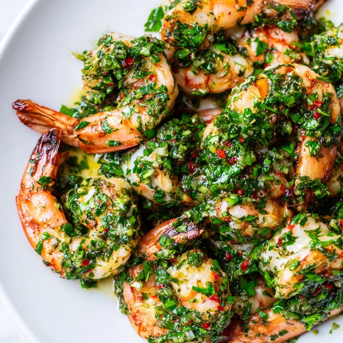 Golden chimichurri shrimp sizzling in a skillet with fresh herbs and lemon wedges