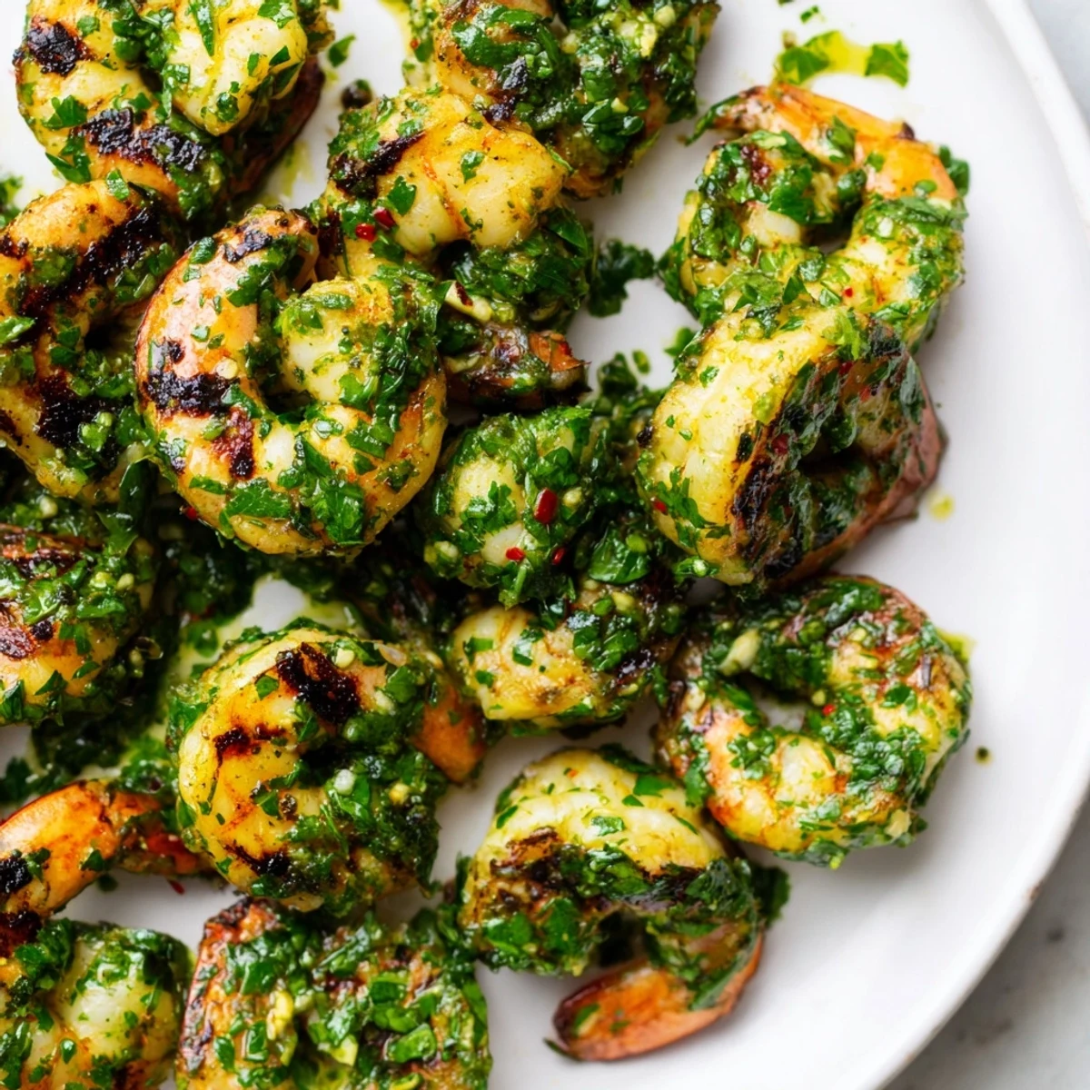 Plump grilled chimichurri shrimp drizzled with vibrant green parsley cilantro sauce on a platter