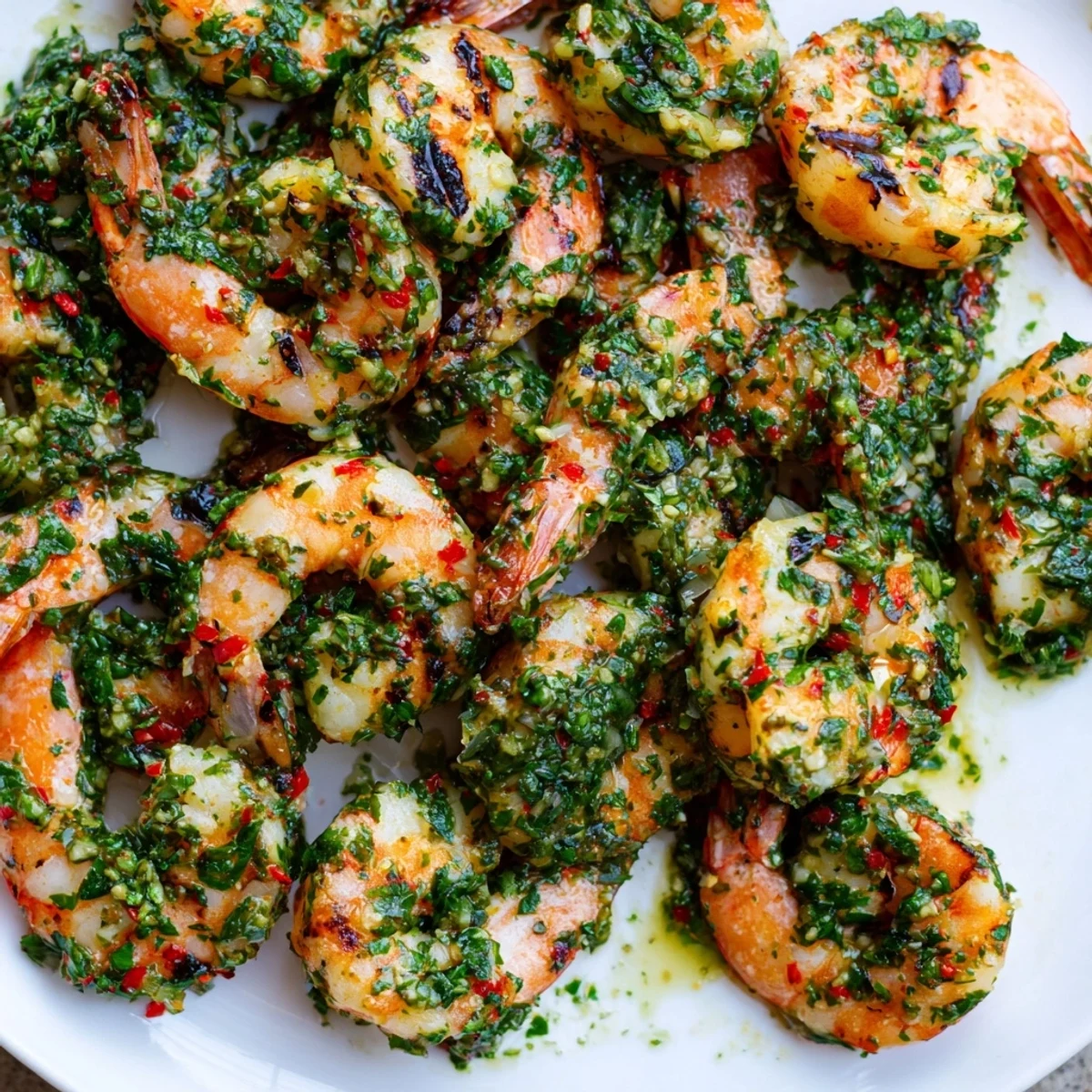 Juicy chimichurri shrimp skewers served over rice with bright herbaceous marinade and garnish