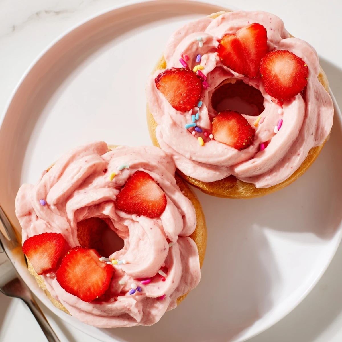 Golden baked Strawberry Buttercream Frosted Donuts topped with swirled pink frosting and fresh berry slices