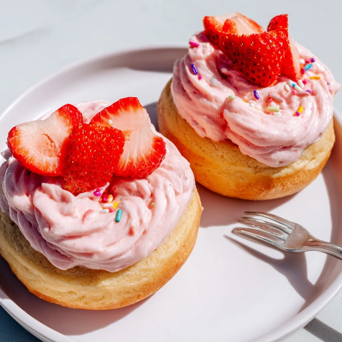 Fluffy Strawberry Buttercream Frosted Donuts arranged on a wire rack with piped rosettes and sprinkles