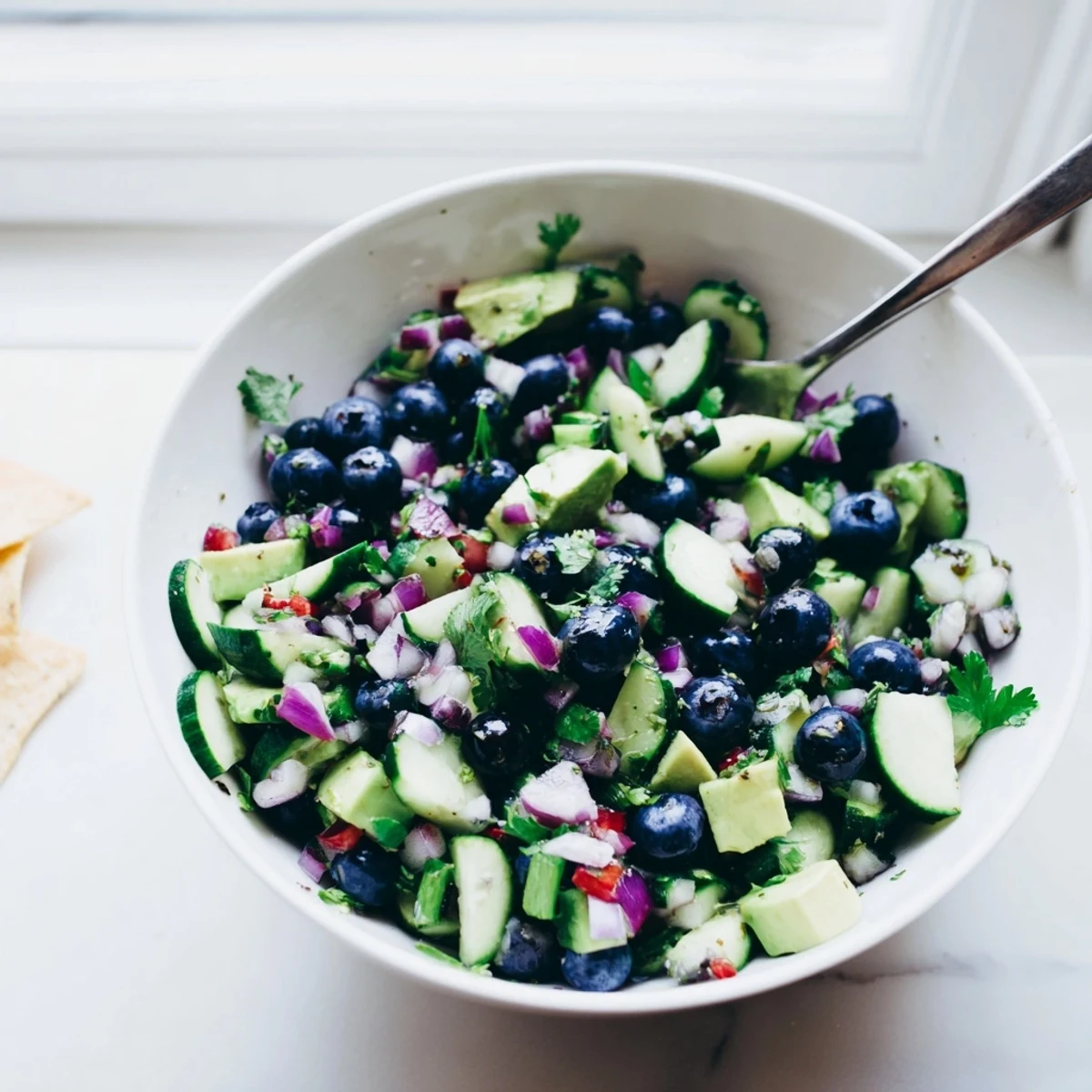 Blueberry cucumber salsa served with tortilla chips on a rustic wooden cutting board