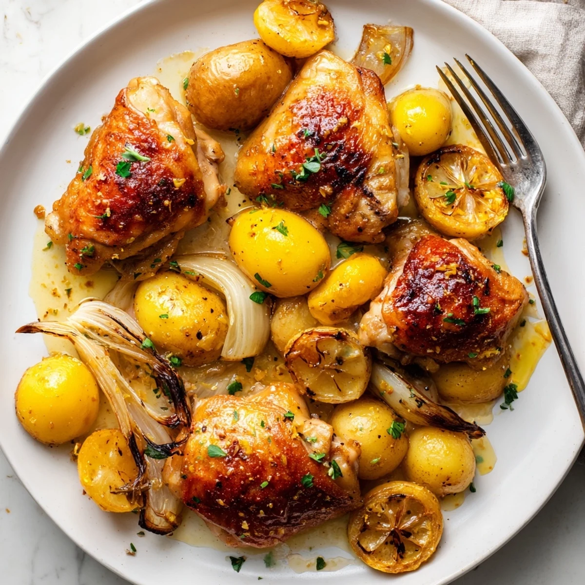 Crispy baked honey lemon chicken and potatoes glistening with golden pan juices on a rustic sheet pan