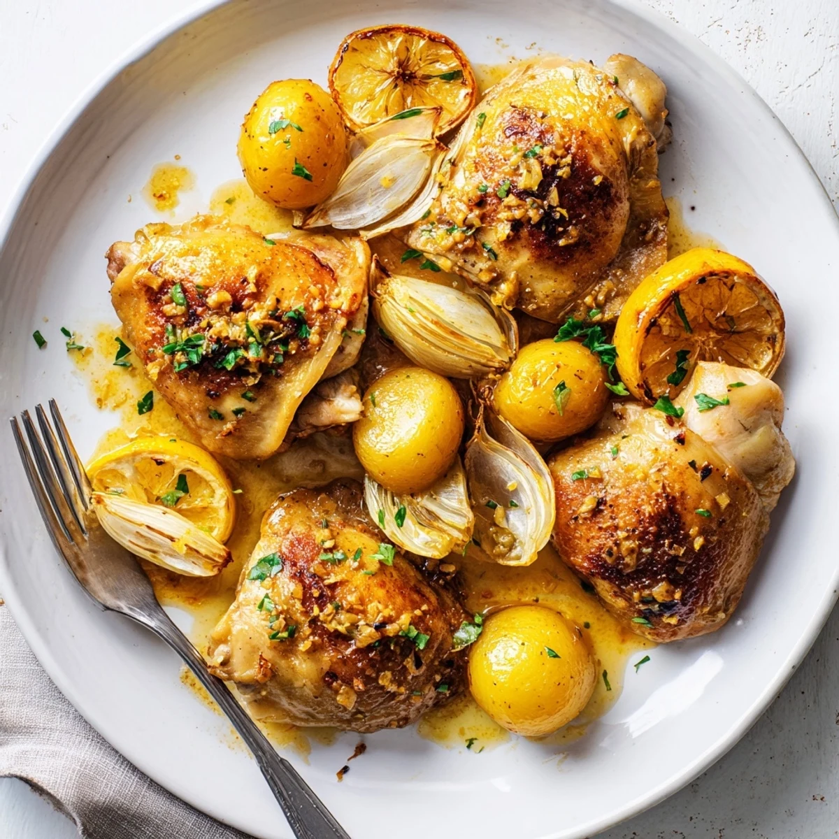 Juicy baked honey lemon chicken and potatoes drizzled with a glossy sweet-tangy sauce and fresh parsley