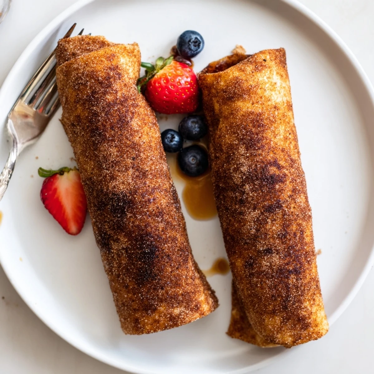Golden crispy cheesecake chimichangas coated in cinnamon sugar on a rustic plate