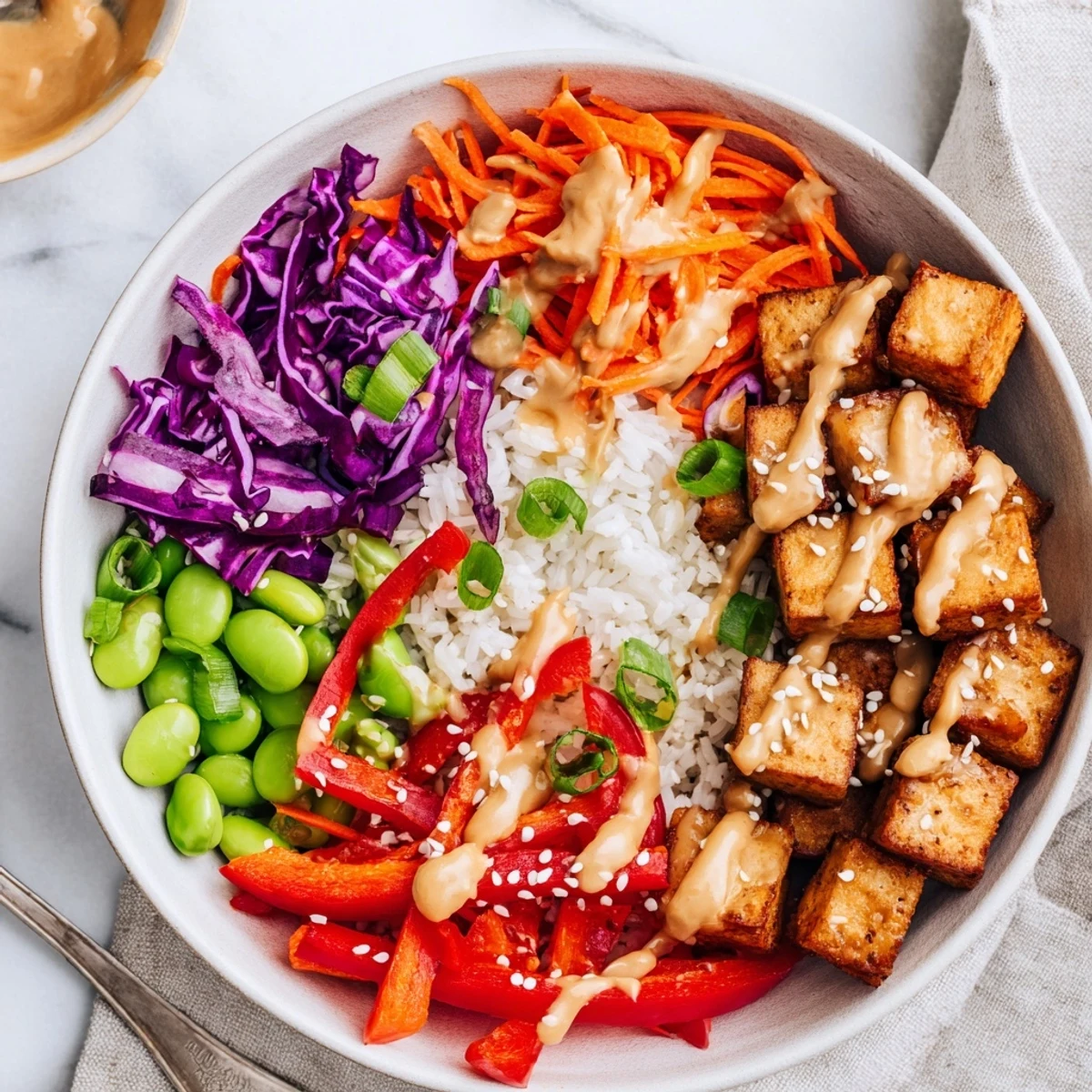 Crispy golden tofu rice bowl with peanut sauce drizzled over fresh colorful vegetables