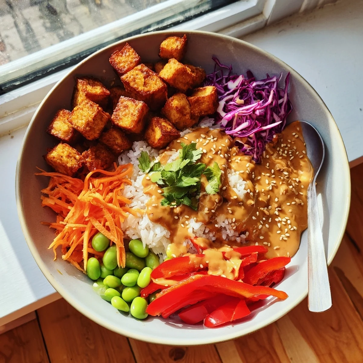 Steaming tofu rice bowl with peanut sauce garnished with cilantro and sliced peppers