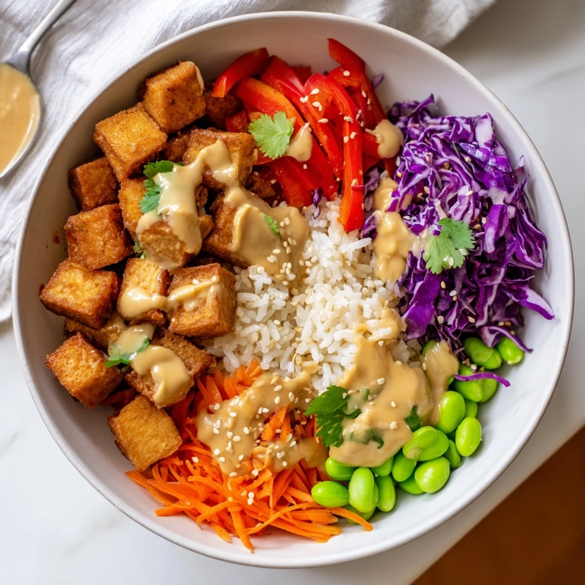 Tofu rice bowl with peanut sauce topped with julienned carrots and sesame seeds
