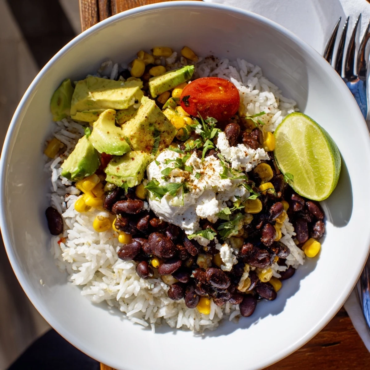 Hearty black bean and rice bowl topped with fresh avocado, tomatoes, and cilantro