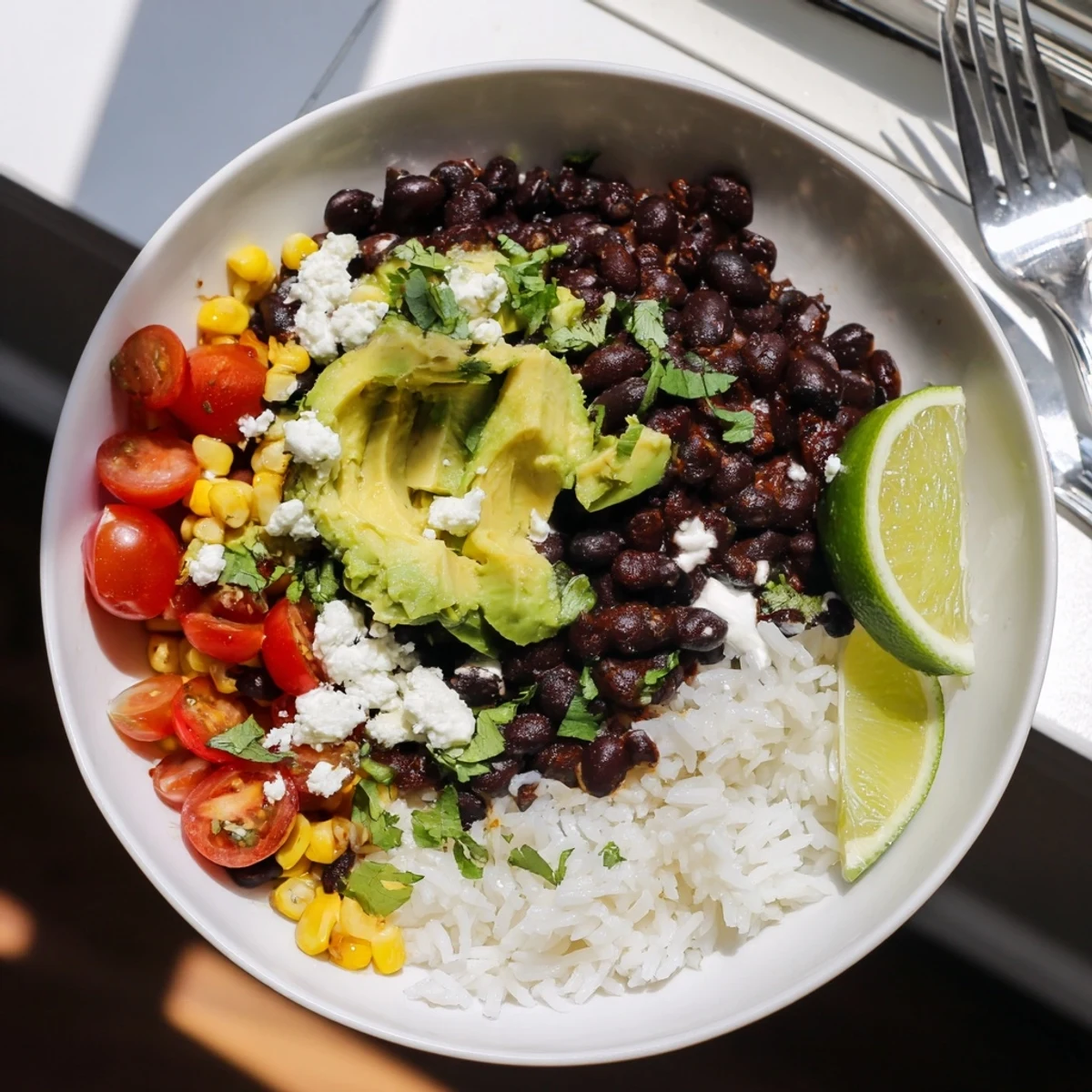 Steaming black bean and rice bowl garnished with lime wedges and crumbled queso fresco